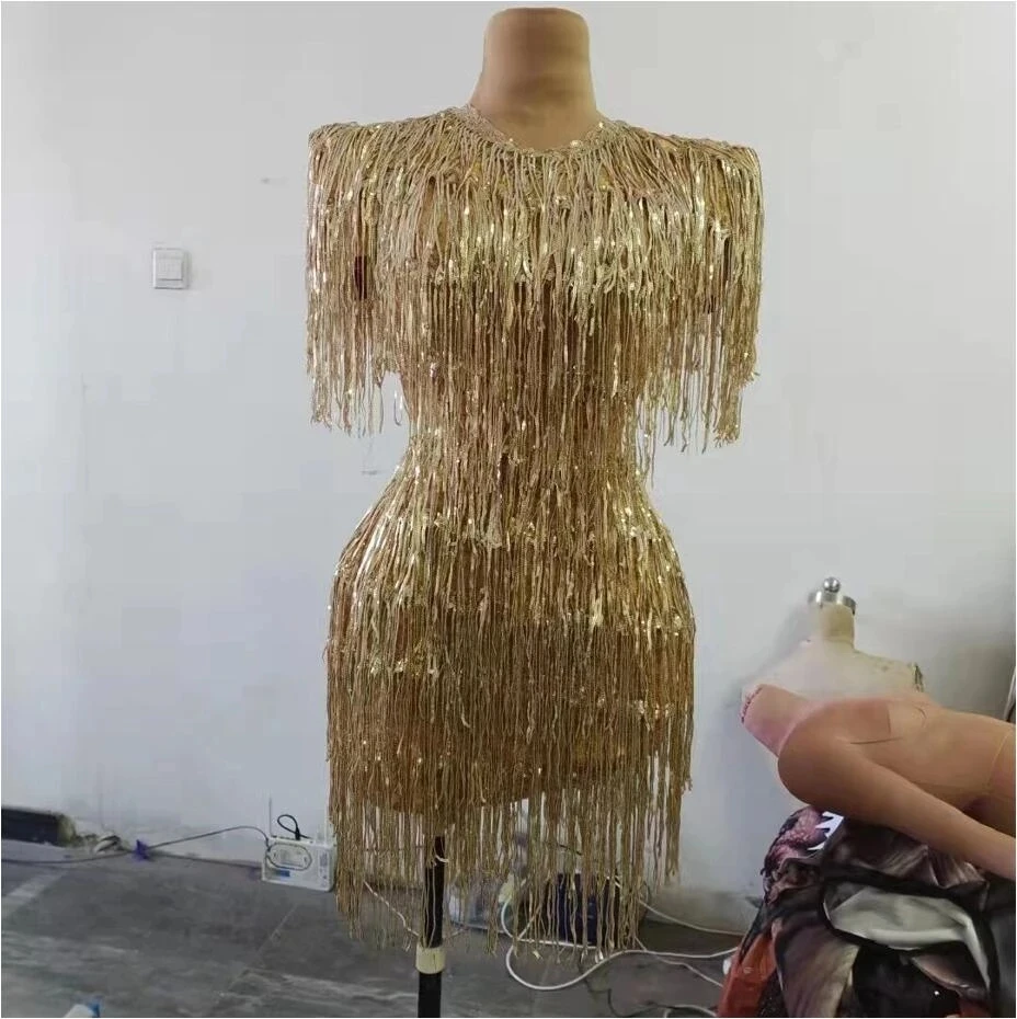 

NOVANCE Y2377 2021 New Arrivals Fashion Women Casual Sleeveless Zipper for Dresses Tassel Gold Sequin Dress for Party Club Show