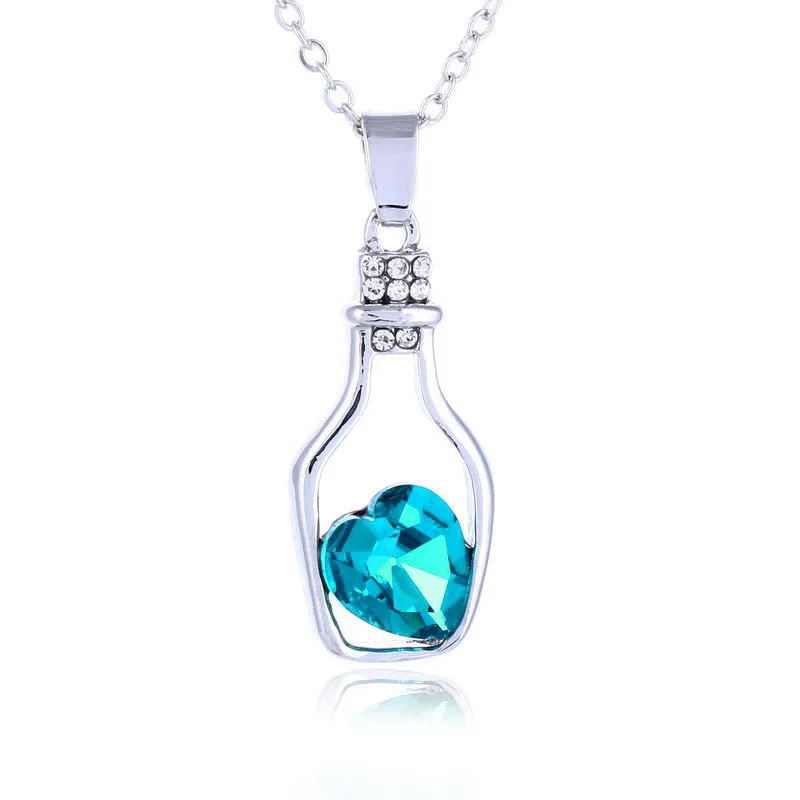 

Ladies Fashion Popular Crystal Necklace Heart Love Chain Necklaces Drift Bottles Necklace, Blue. red.etc