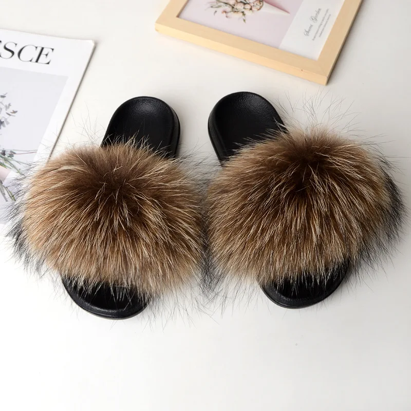 

Women Real Fox Fur Slides Furry Raccoon Fur Sandals Ladies Solid Color Flip Flops Slippers