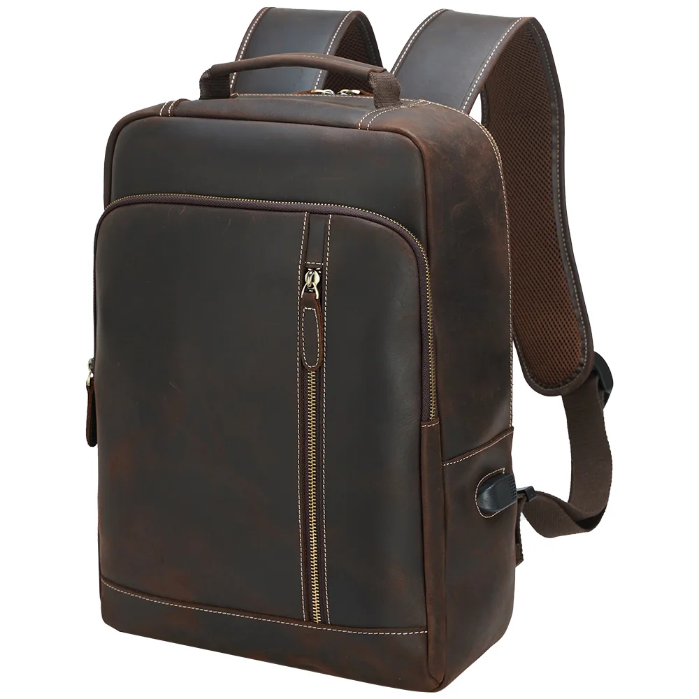 

Customized Logo Dark Brown Crazy Horse Leather Classic Laptop Travel USB 100% Pure Leather Bag Full Grain Cowhide Men Backpack