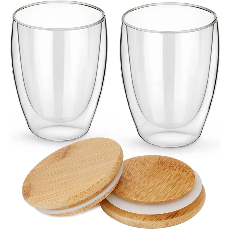 

350ml 12 oz High Borosilicate Double Walled Clear Glass Coffee Mug Cups with Wooden Bamboo Lid, Clear or custom