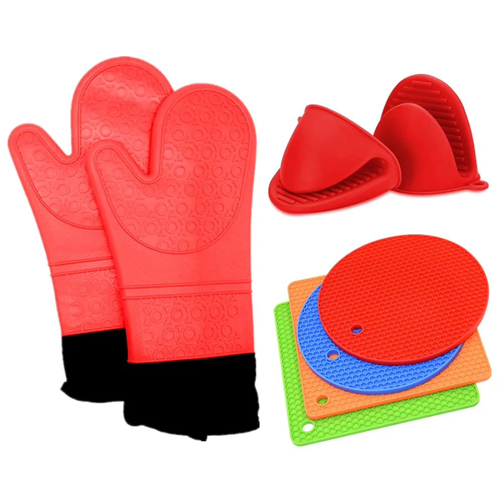 

Heat Resistant Silicone Oven Mitt for Cooking,BBQ Potholder Gloves with Cotton Lining, Red;orange;blue;or pantone color