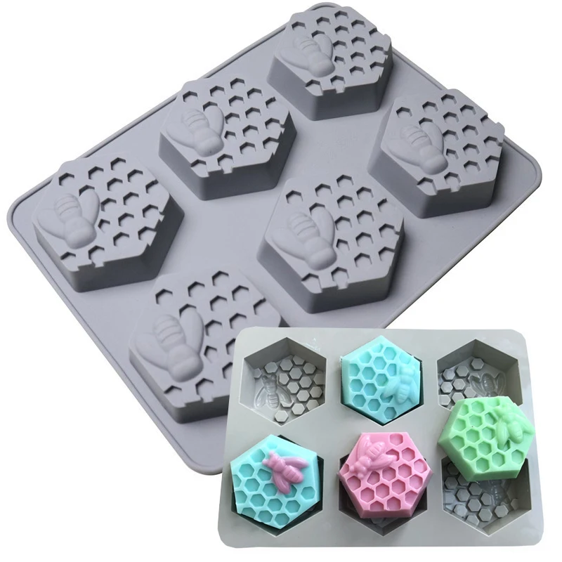 

6 Cup Silicone Hexagon Beehive Baking Mold for Cake Cookie Jelly Custom Reusable Handmade Soap Mould with Bee Non-stick Tools, Grey