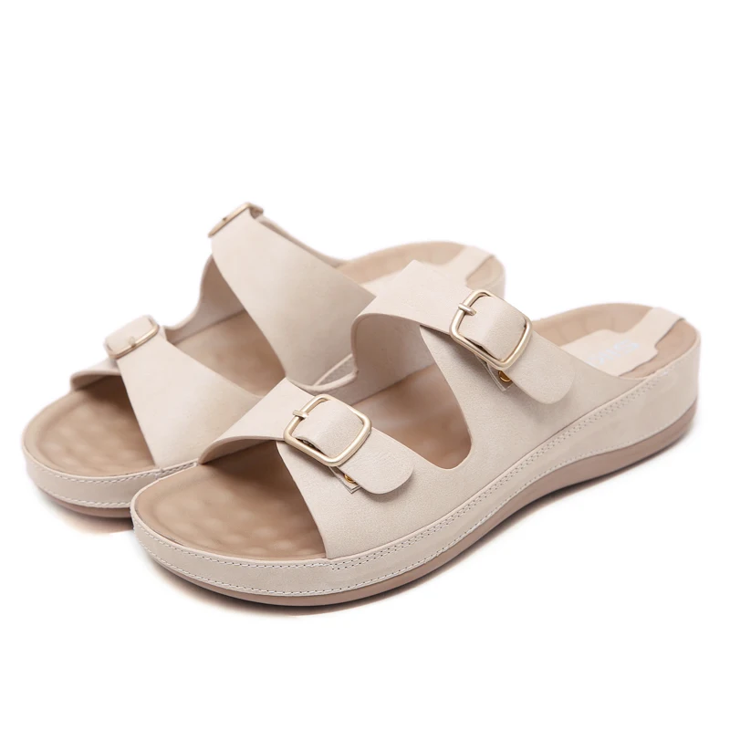 

New 3 Colors Buckle Decoration Women Flat Slippers Lady Summer Casual Anti-Slip Open Toe Platform Comfy Beach Sandals Plus Size