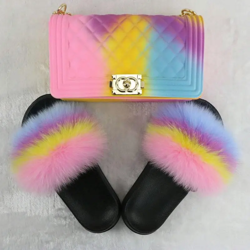 

Hot Sale Colorful Fur Slides Slipper Sandal and Jelly Purses Handbag Sets Chain Bag Set for Ladies Women