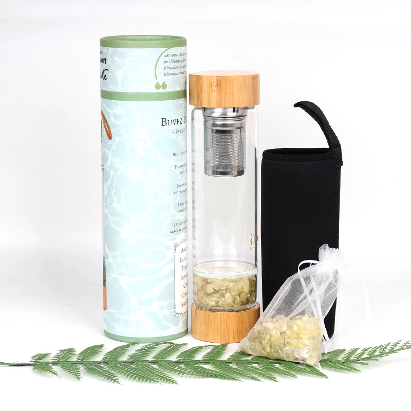 

550Ml custom Logo natural crystal infused gemstone water bottle bamboo crystal water bottle