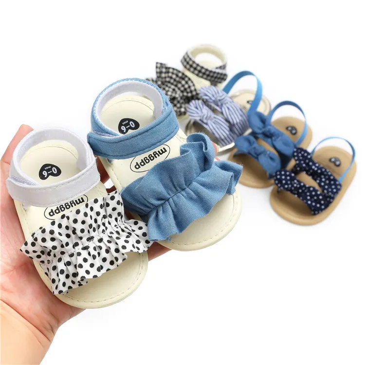 

New Designed 0-24 Month Baby Sandals for Girls Cotton Fabric Soft-Sole Newborn Summer Shoes Princess Infant Shoes Sole Anti-Slip, White/black/blue denim/white bows/blue bows/plaid bows