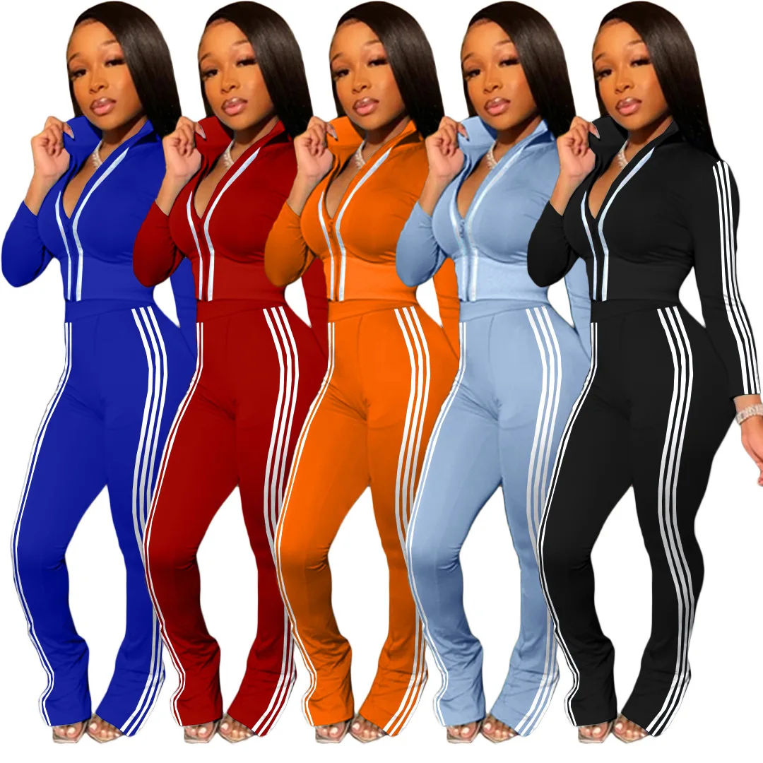 

Wholesale hot sales women's long sleeve crop top Solid stripe casual sports womens two piece set 2 piece set women