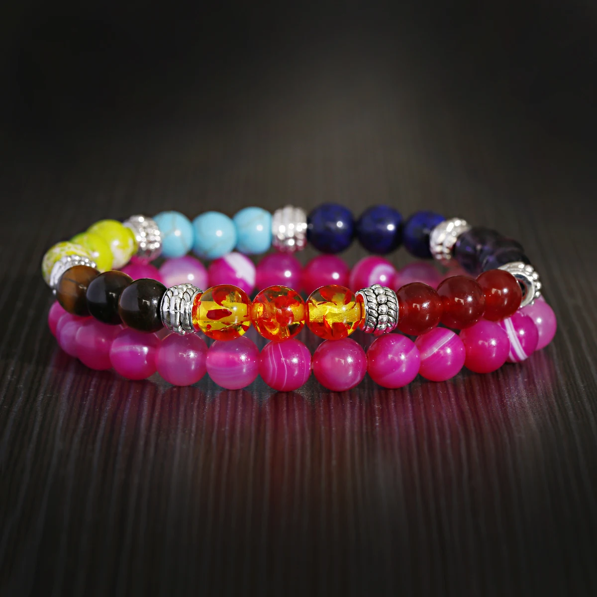 

2 Pcs Fashion Natural Pink Agate Stone 7 Chakra Reiki Healing Yoga Bracelets Set bracelets porte bonheur, Multi-colors