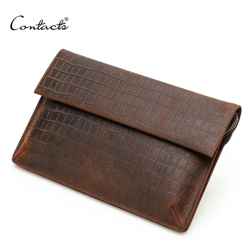 

wholesale dropship CONTACT'S crocodile leather coffee color men's casual toiletry makeup envelope hand bag