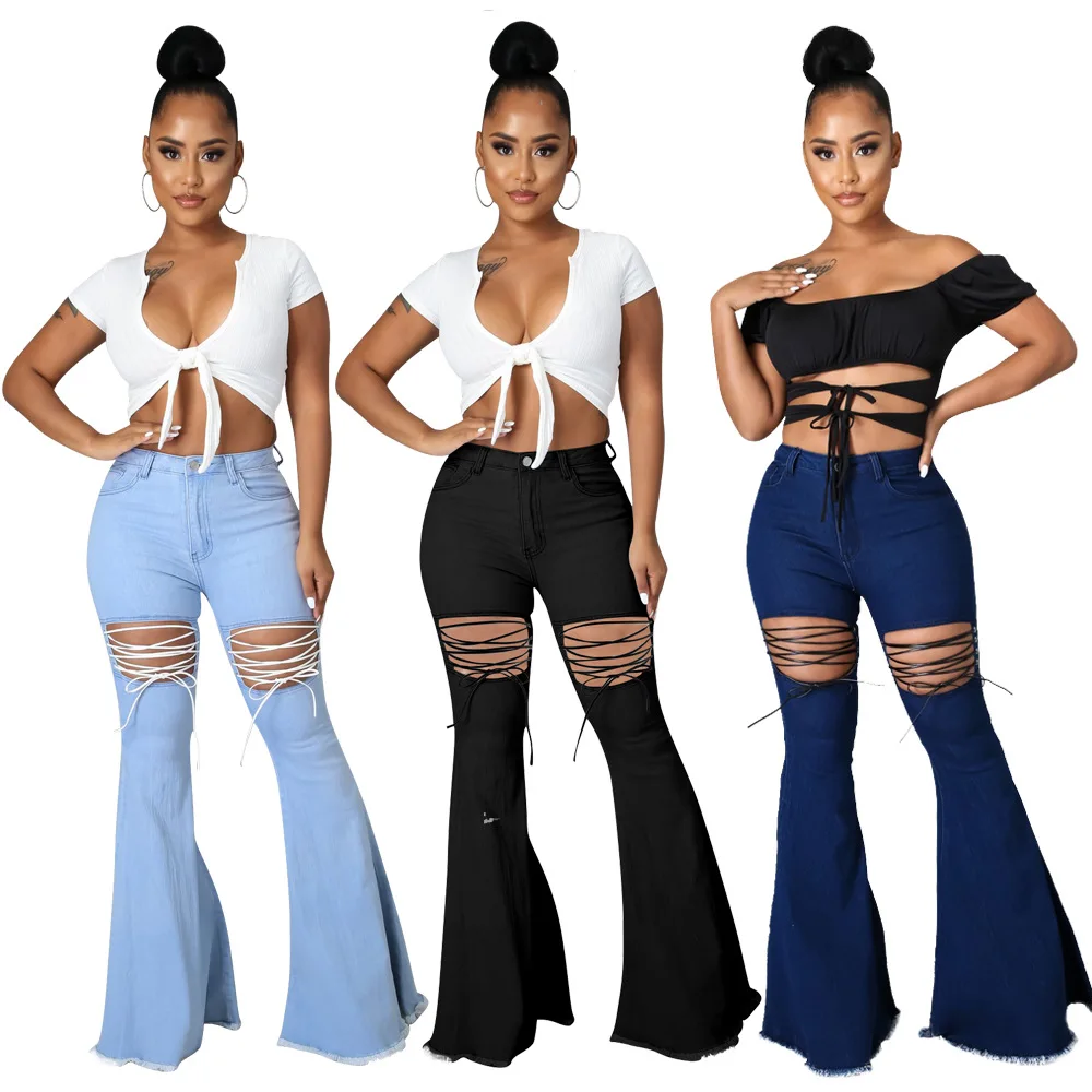 

New Fashion Women Casual Streetwear High Waist Jeans Lace Up Hollow Out Flare Bell Bottom Pants Womens Ripped Denim Jeans, Shown