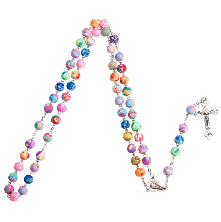 

2021 New popular color rosary beads rose cross pearl long chain christian necklace wholesale factory