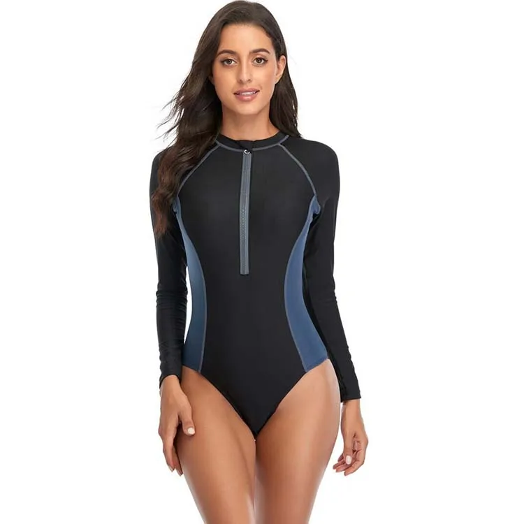

2021 Fashion Wholesale One Piece Solid Color Swimwear Black Color Long Sleeve Front Zipper Swimsuit For Women