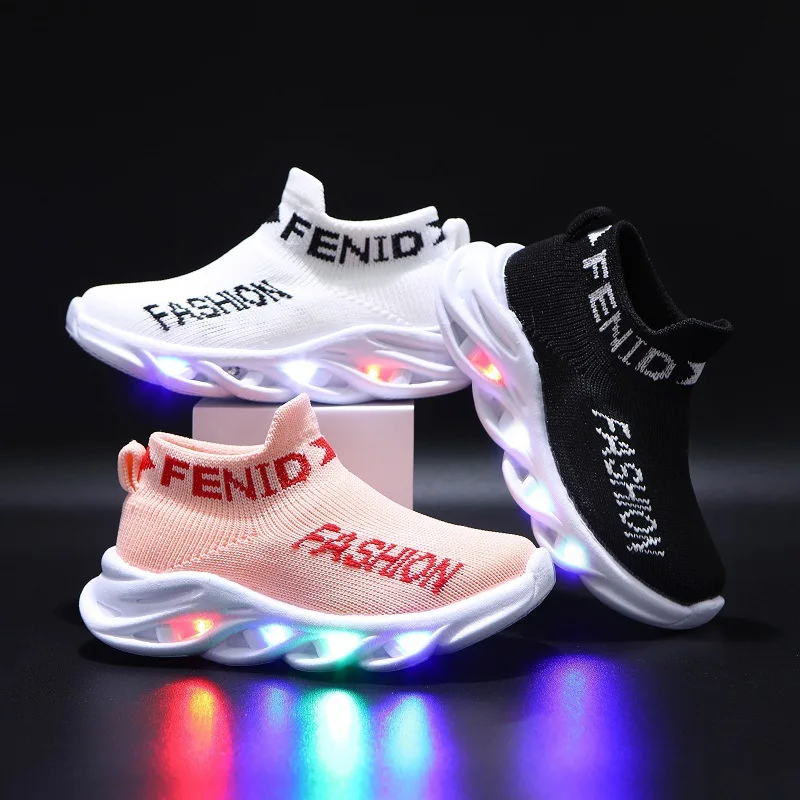 

Fashion Breathable Children Shoes Unisex Letter Mesh Led Luminous Socks Sport Run Sneakers Kids Outdoor Casual Comfortable Shoes, Black white pink