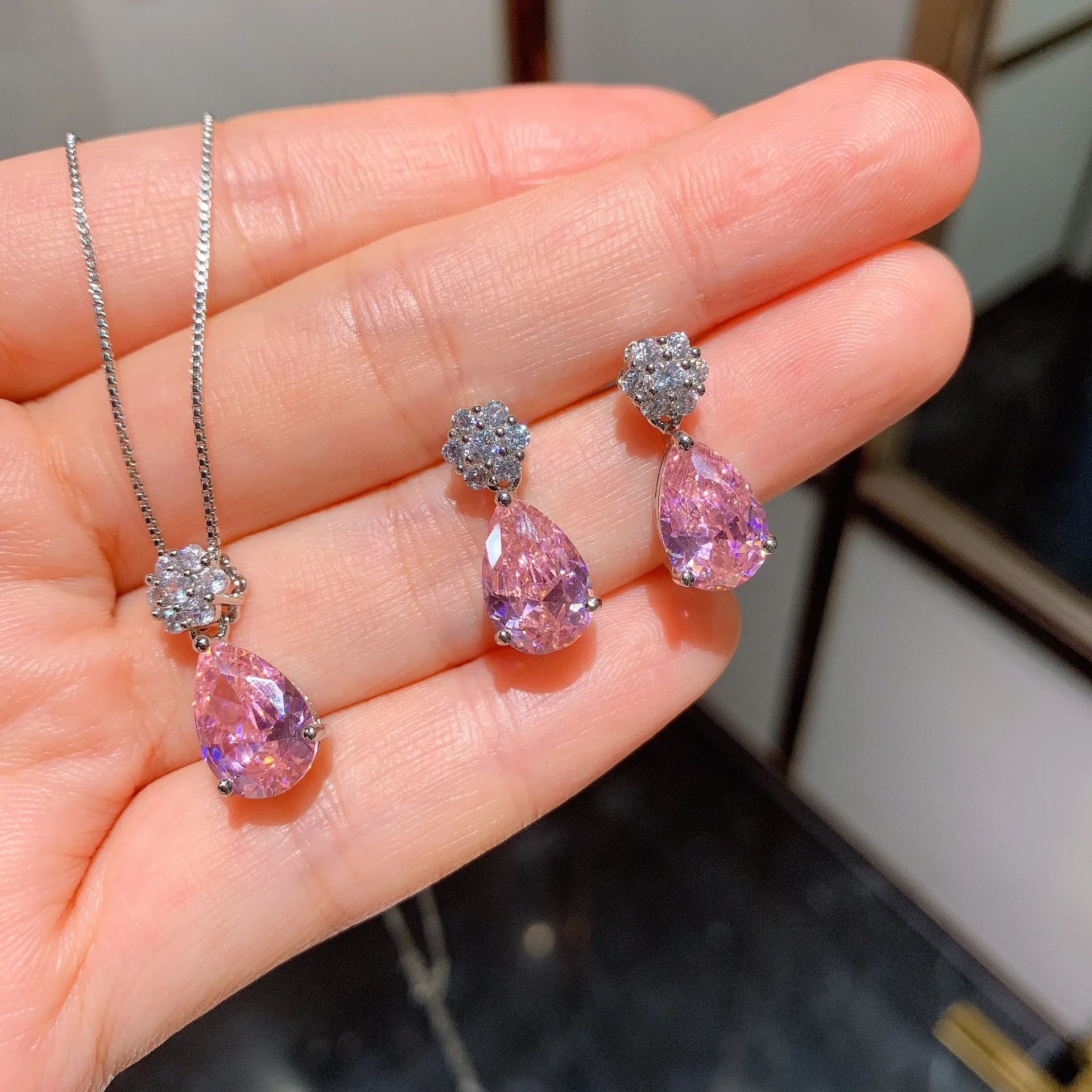 

Pink stone Gemstone Earrings/Pendant/Necklace Wedding Engagement Jewelry Sets
