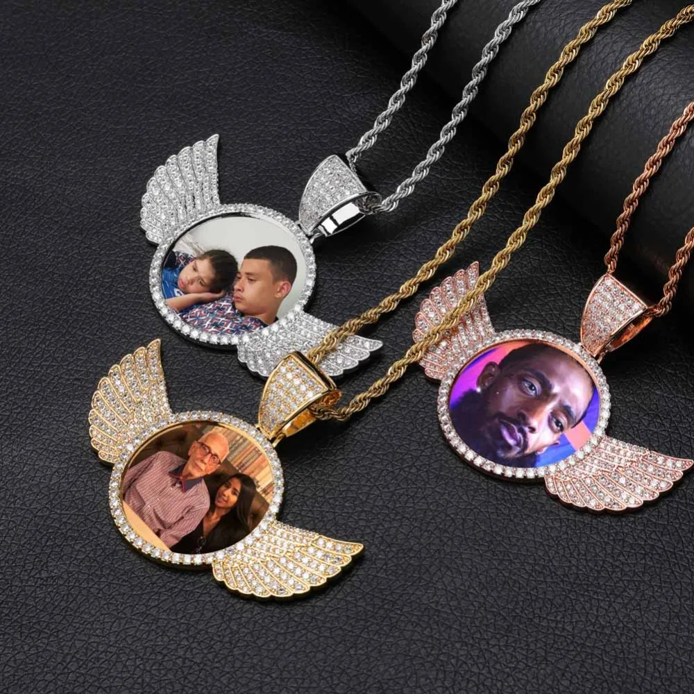 

Sliver/Gold Custom Made Photo With wings Medallions Necklace & Pendant 4mm Tennis Chain Cubic Zircon Men's Hip hop Jewelry