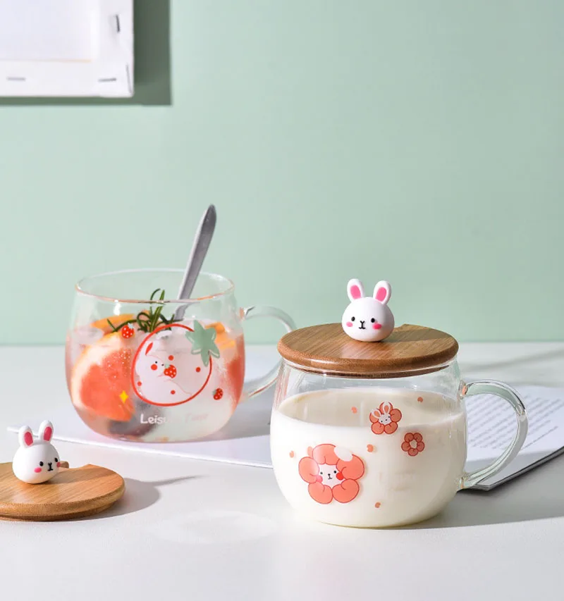 

SOLHUI Cute glass tumbler pink silicone rabbit large 500ml coffee mug breakfast milk cup with lid and spoon