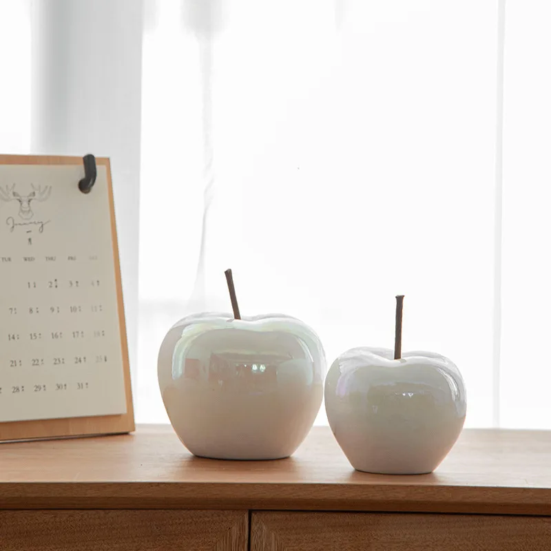 

Nordic style modern creative white apple shape ceramic ornaments living room home decor accessories LED lamp gifts for birthday