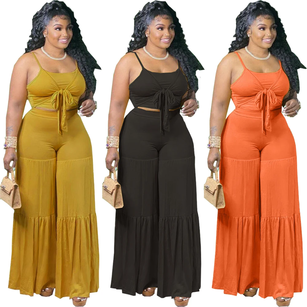 

Plus Size Custom Sets For Women Solid Color Spaghetti Straps Casual Pants Set Women Sexy Wide Leg Casual Two Piece Set, Black,yellow,orange