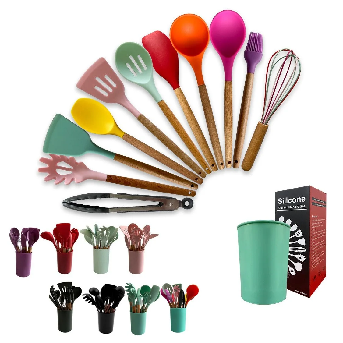 

Amazon hot sale silicone kitchenware 12pcs cooking silicone kitchen utensils set with wooden handle, Customized