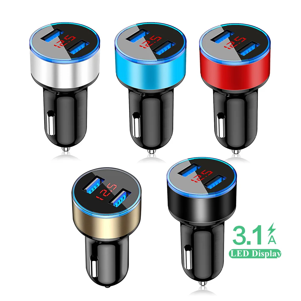 

Free Shipping 1 Sample OK New 3.1A Fast Charger Dual USB Port Car Charger 15.5W Smart LED Display Car Charger Adapter Custom