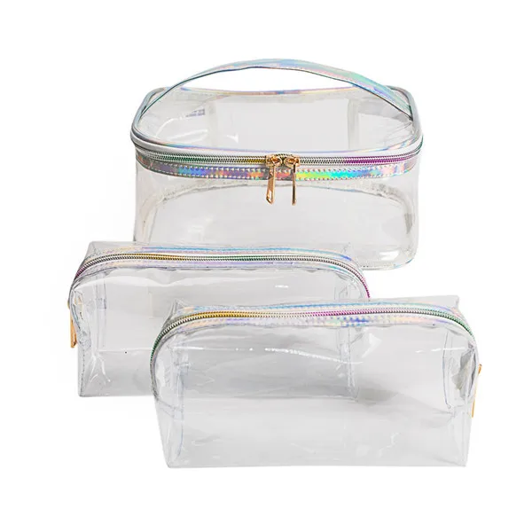 

Colorful Laser Transparent PVC Makeup Bag 3 Pcs/set Travel Portable Wash Bag Custom Cosmetic Bags & Cases, Clear