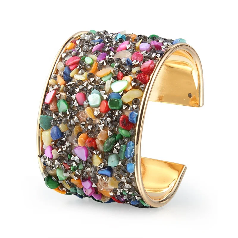 

Vintage Crystal Mosaic Cuff Bracelet Opened Wide Alloy Bangle For Women, Color/white/red/blue/rose red/yellow/gold/silver