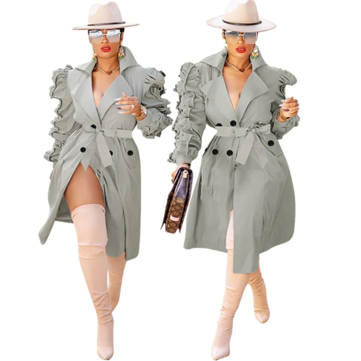 

Women's autumn winter new fashion mid long wind jacket Ruffle dust coat