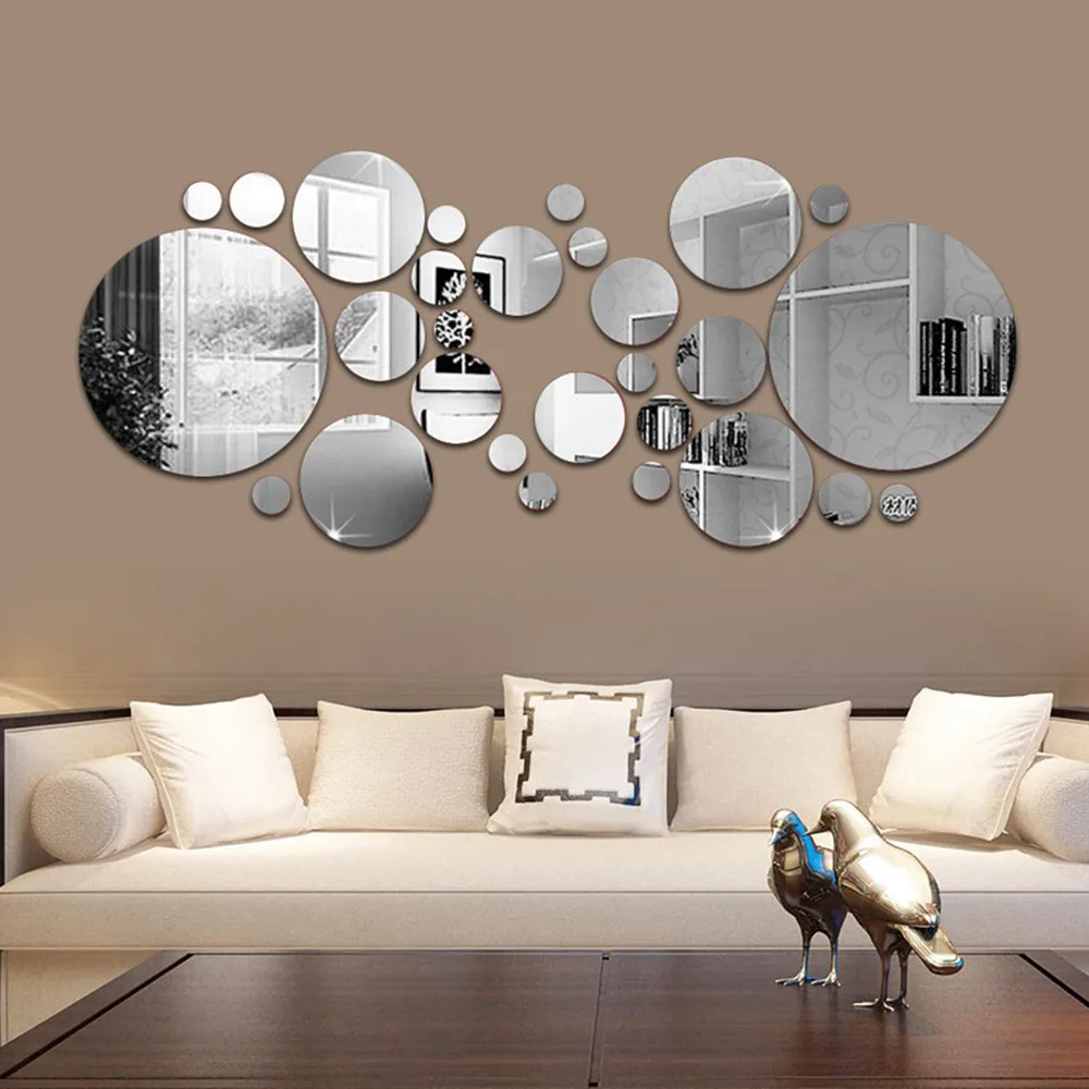

Acrylic Silver 3D Round Mirror Wall Stickers Removable Fashion DIY For Bedroom Living Room Bathroom Decor, Black, gold ,blue red silver