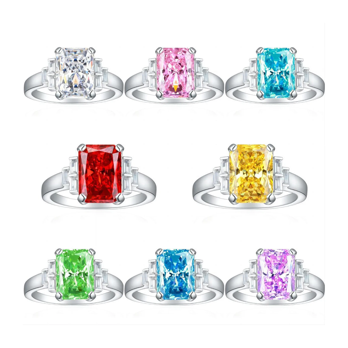 Fashion S925 Silver Birthday Party Wedding Ring Baguette Band Shiny Cut Diamond Zirconia 925 SIlver Women Rings