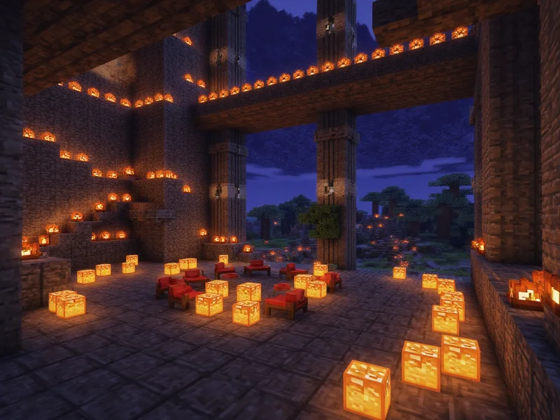 Glowstone lamps illuminating a modern Minecraft build interior