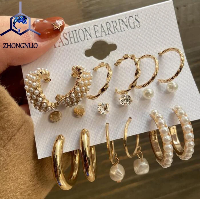 

Europe and the United States cross-border new 2022 earring ladies pearl jewelry 9 set pearl zircon earring set, Colorful