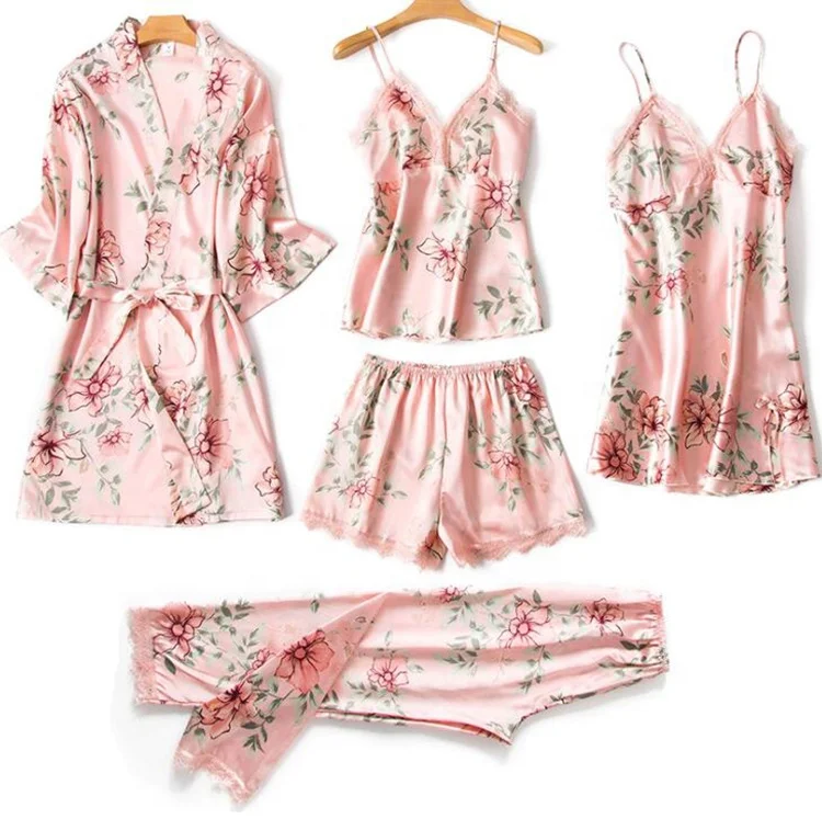 

High quality wholesale price custom logo floral print fiver-pieces silk robe set homewear, Black/pink/navy