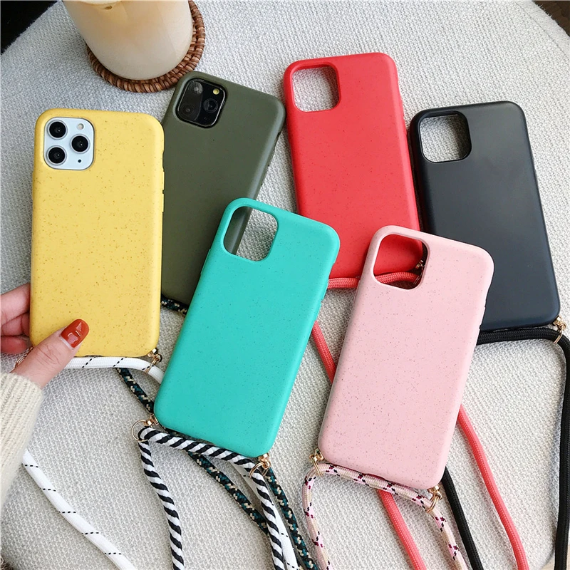 

Biodegradable Recyclable Straw With Long Lanyard Necklace Shoulder Neck Strap Rope Cord phone Case Cover for iPhone X XS MAX 11, 6 colors