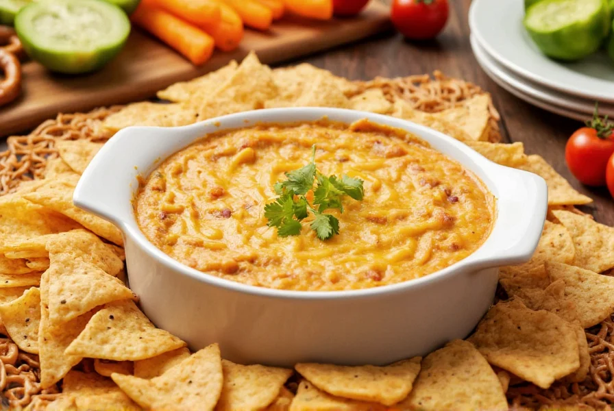 Cream cheese chili and cheese dip served in baking dish surrounded by various dippers including tortilla chips, pretzels, and vegetables
