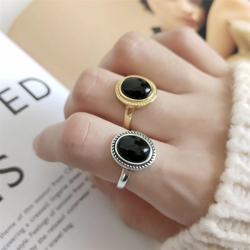 925 Sterling Silver Black Agate Rings 18K Gold Vintage Natural Gemstone Silver Open Rings for Women