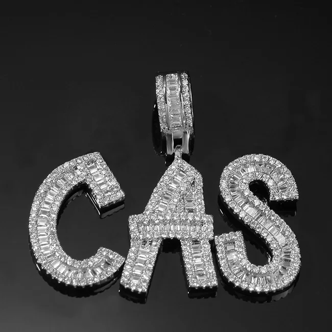 

Personalized ice out bagurtte initials silver gold cuban zircon hip hop name plated letter necklace for men women