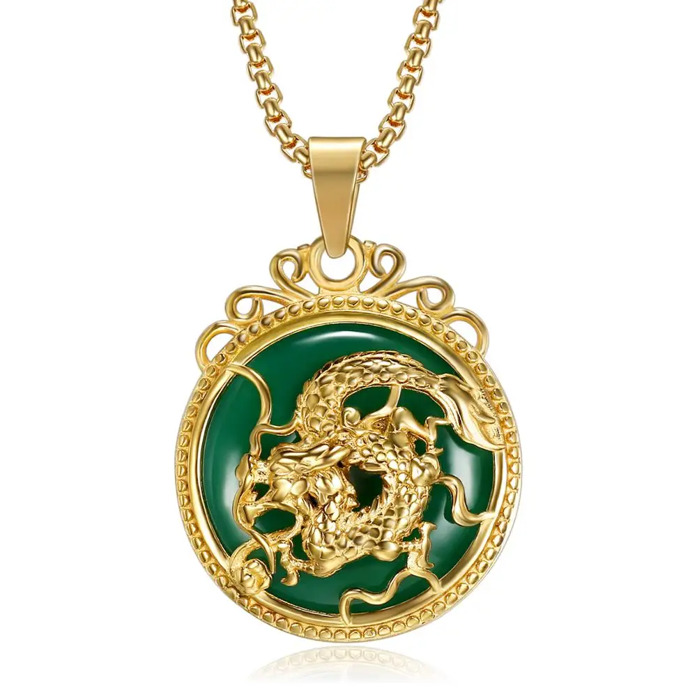 
Olivia In Stock Chinese Tibet Gold Animal Necklaces Malay Jade Pendant Women Stainless Steel Green Jade Dragon Pendant Men Boys 