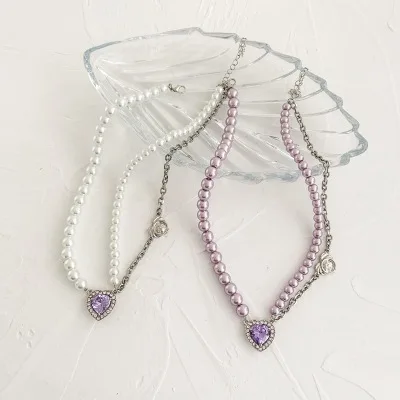 

Duoying OEM Women Purple Pearl Heart shape Beard Crystal Statement Pearl Bead Trendy Choker necklace, Silver
