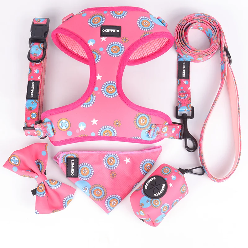 

Lovecolour 6 in 1 Personalized Sublimation Heavy Duty Polyester Cute Pet Collar Dog Harness and Leash Set For Puppies