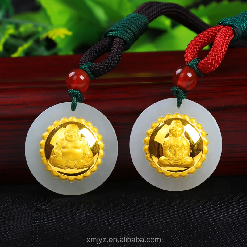 

Certified Hetian Jade 4D Gold Inlaid Jade Pure Gold Inlaid With Hetian Jade Round Guanyin Buddha Safe Buckle Pendant Factory