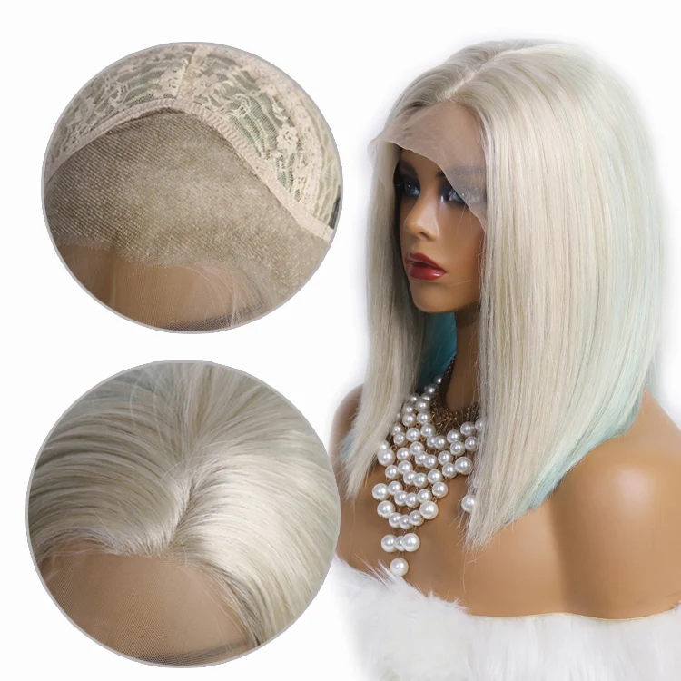 

Platinum Blue Mixed Colorful Straight hair Synthetic Lace Front Wig Wave Bob Lace Wig in Stock Synthetic Short Wigs