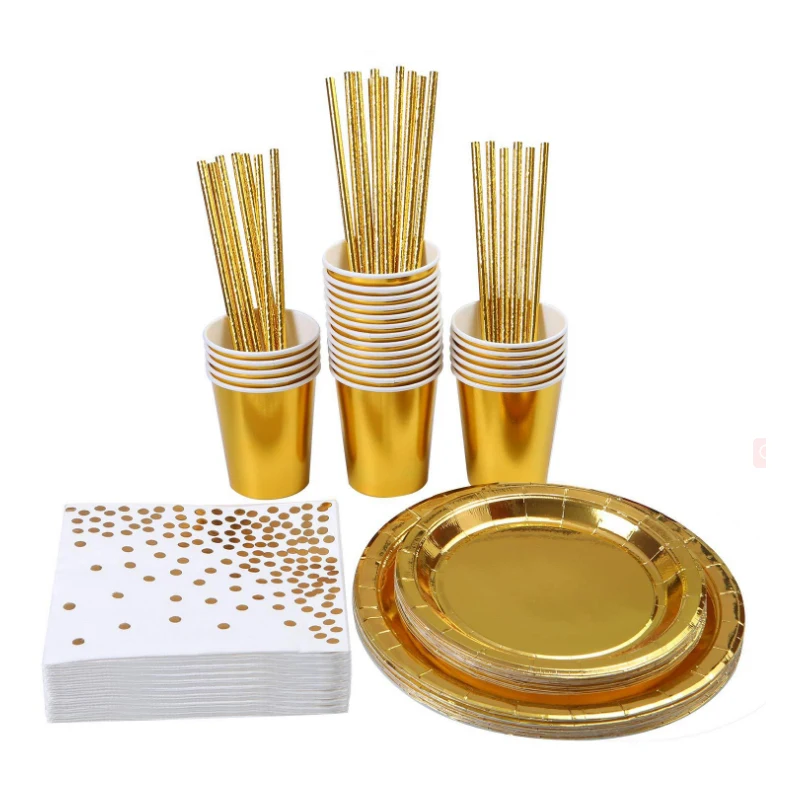 
125 pieces biodegradable rose gold paper cup tray straw napkin birthday party wedding supplies disposable paper tableware set 