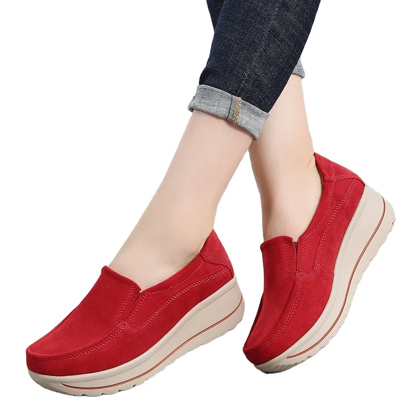 

2018 new model ladies suede leather loafers slip on platform wedges shoes