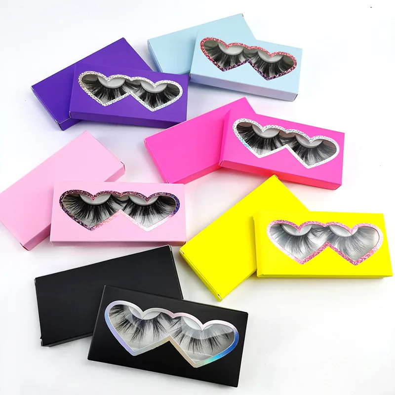 

2021 Custom Cute Soft Paper Lashbox Valentine Day Heart Shaped Window Lash Box Wholesale Empty Holiday Eyelash Packaging Case, Yellow / pink / purple