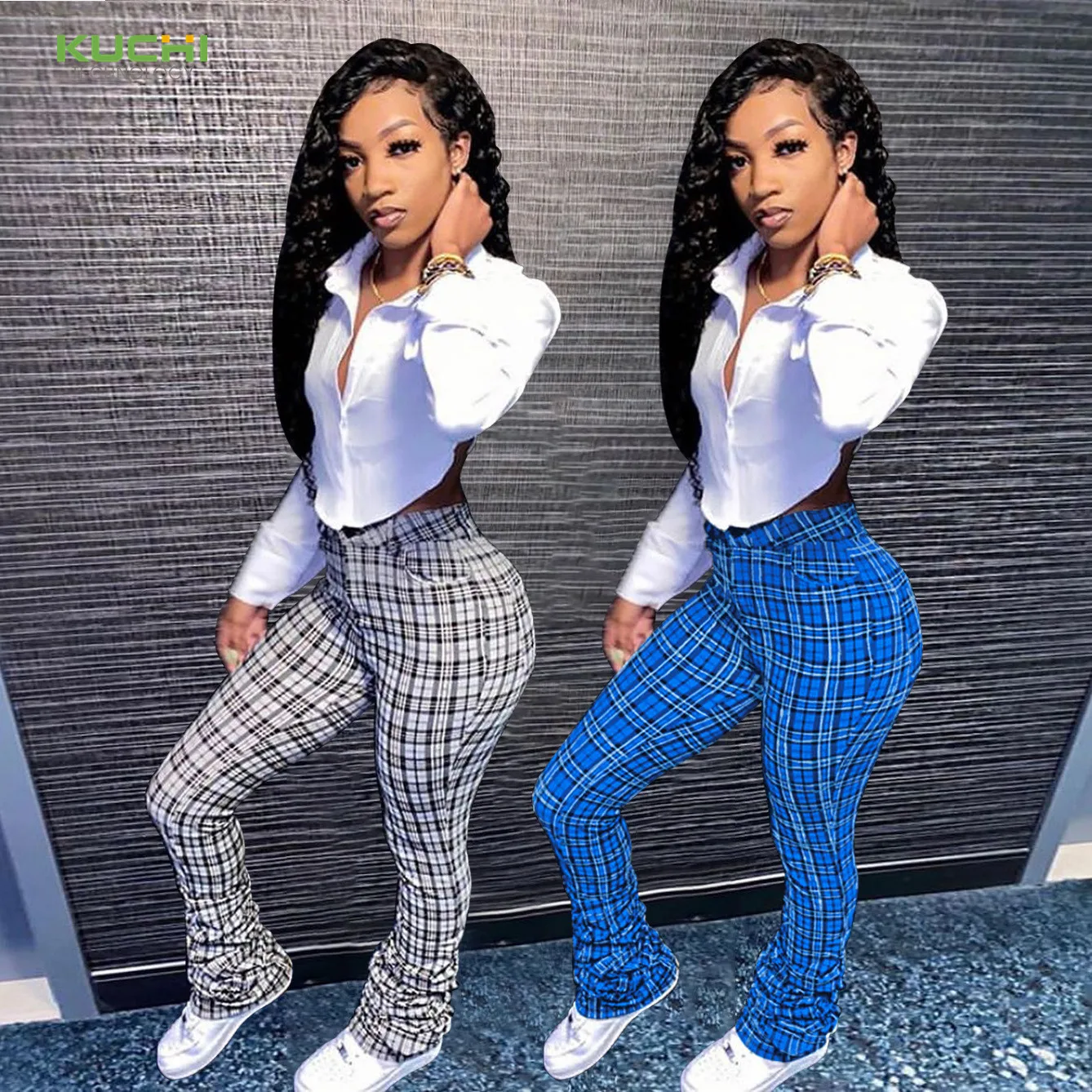 

New arrival Printed plaid pleated casual trousers slim pants