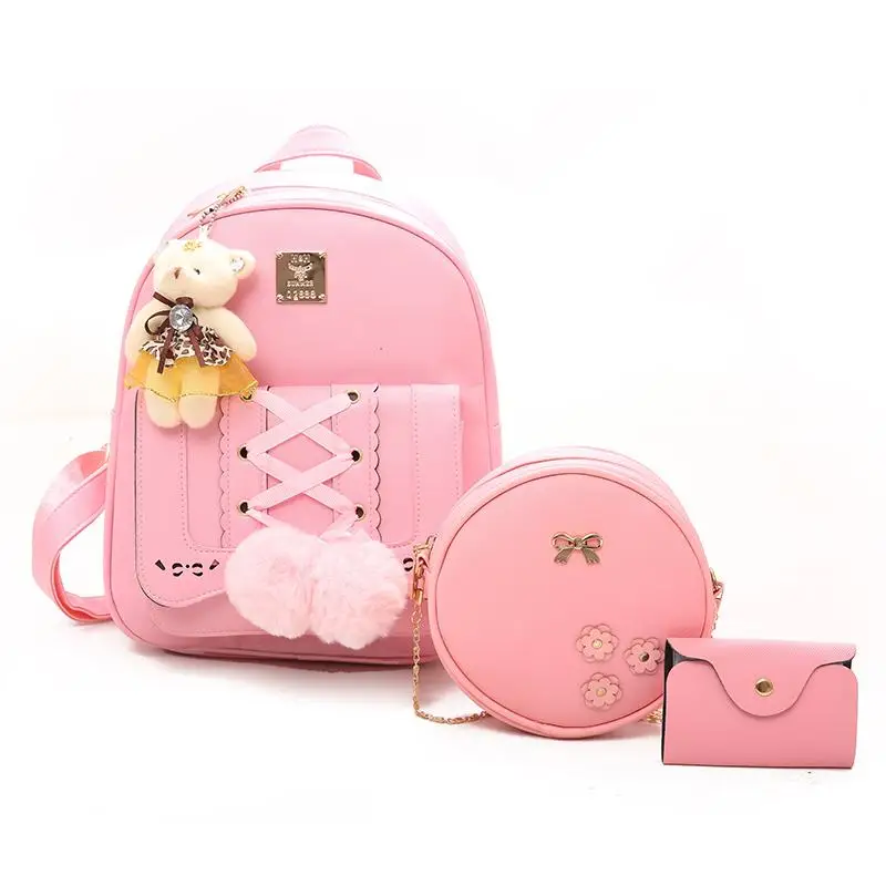 

Women Fashion PU Leather Backpack Set 3 Pcs in 1 for Girls, Pink/white /black/gray