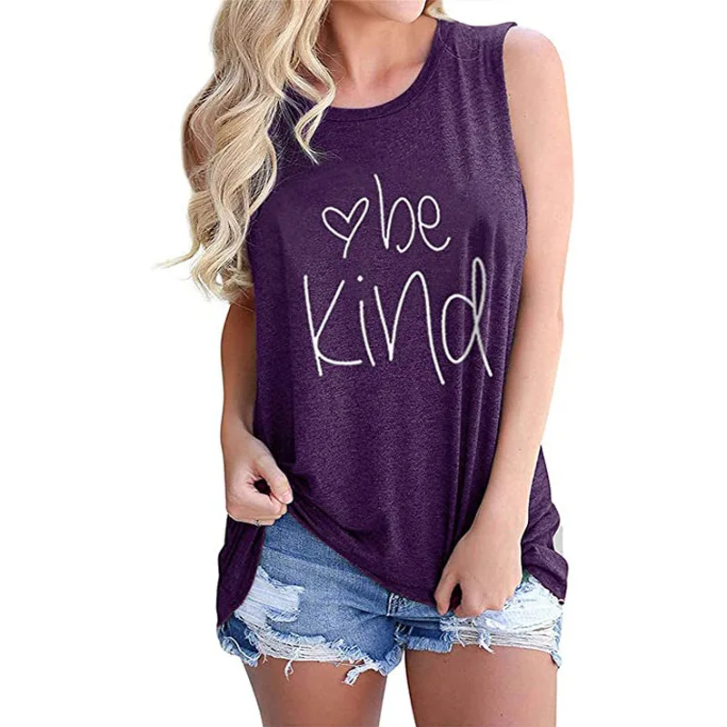 

Womens Summer O Neck Be Kind Printed Loose Casual Workout Sleeveless Tank Tops, Customized color