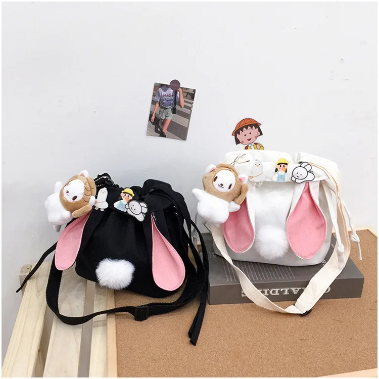 

2022 new Korean style cute rabbit ear Canvas Bags Cartoon Anime Shoulder Bag Reusable Shopping Cotton Dust Bag, Black, white