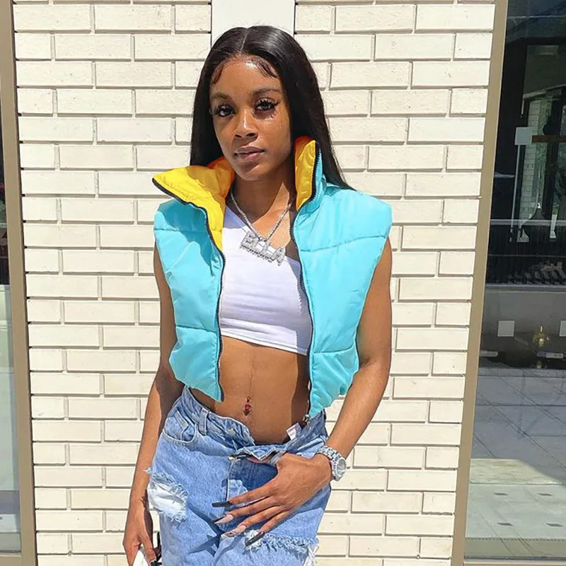 

Fall New Fashion Double Side Cropped Vest Jacket Women Top Sleeveless Stand Collar Coat Winter Zipper Thick Warm Outwear, As photo